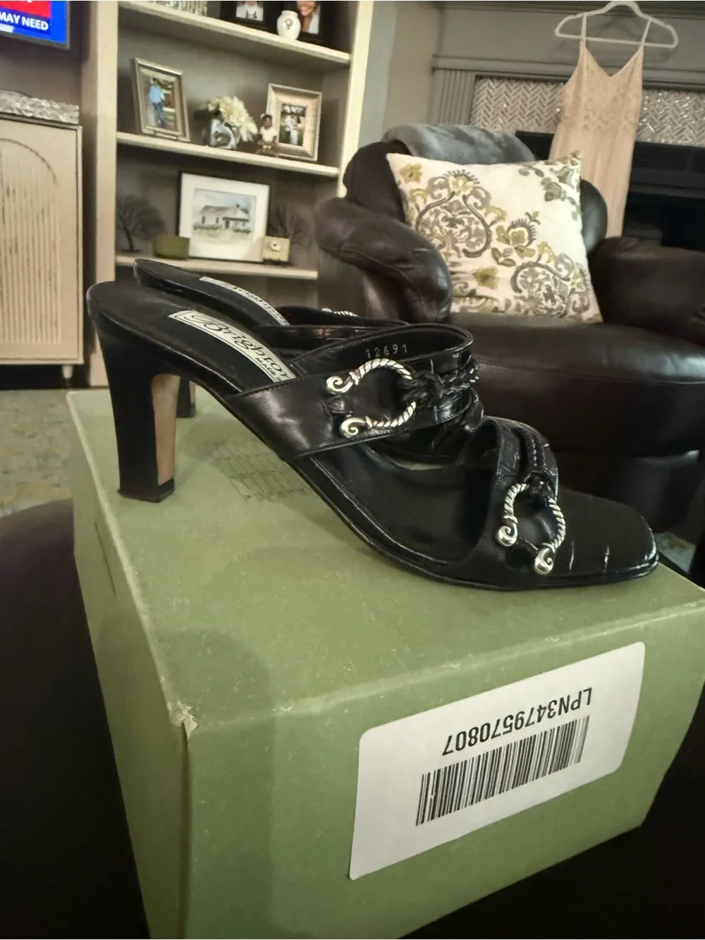 Brighton Black Braided Leather Heeled Slide Sandals with Silver Accents
